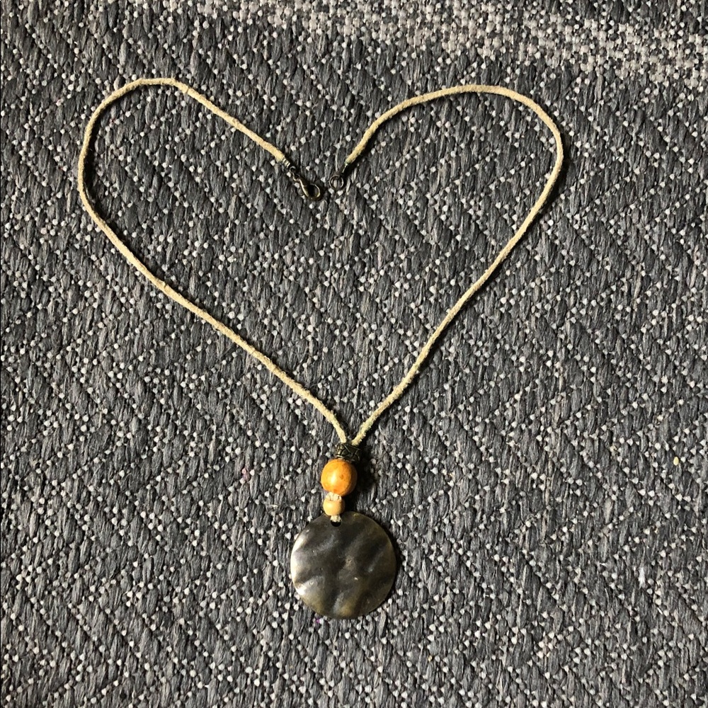 Vintage Handmade metallic Disk Pendant Necklace with Natural Wood Bead